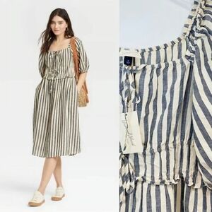 Universal Thread Puff Sleeved Midi Dress Blue Cream Stripes